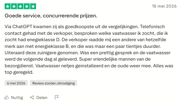 Trustpilot-review waarin een klant schrijft dat hij via ChatGPT bij De Schouw Witgoed uitkwam
